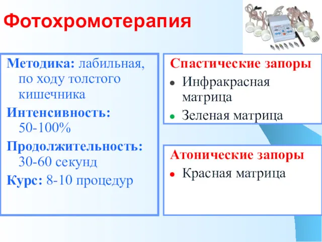 Фотохромотерапия Методика: лабильная, по ходу толстого кишечника Интенсивность: 50-100% Продолжительность: