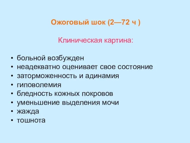 Ожоговый шок (2—72 ч ) Клиническая картина: больной возбужден неадекватно