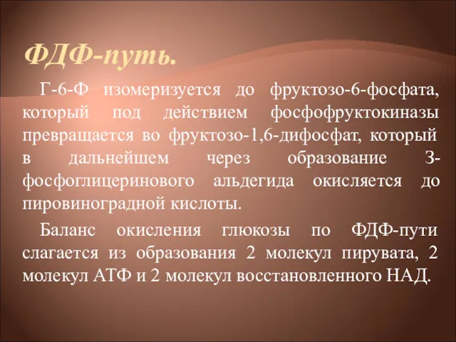 ФДФ-путь. Г-6-Ф изомеризуется до фруктозо-6-фосфата, который под действием фосфофруктокиназы превращается