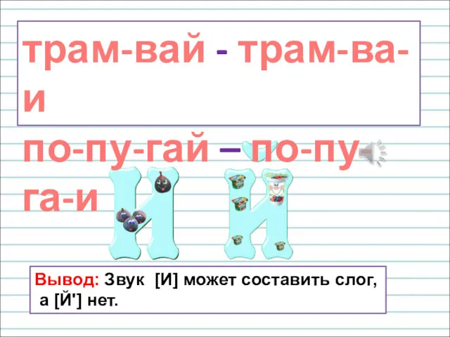 трам-вай - трам-ва-и по-пу-гай – по-пу-га-и Вывод: Звук [И] может составить слог, а [Й'] нет.