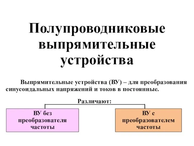 Полупроводниковые выпрямительные устройства Выпрямительные устройства (ВУ) – для преобразования синусоидальных