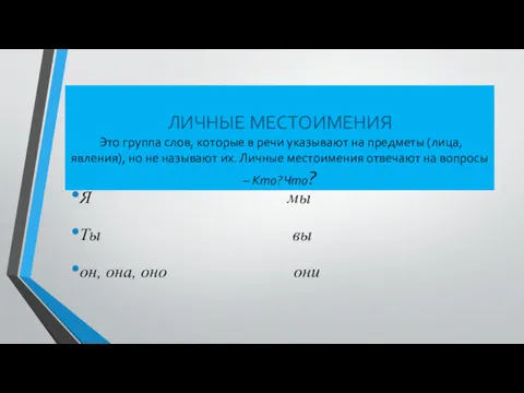 ЛИЧНЫЕ МЕСТОИМЕНИЯ Это группа слов, которые в речи указывают на