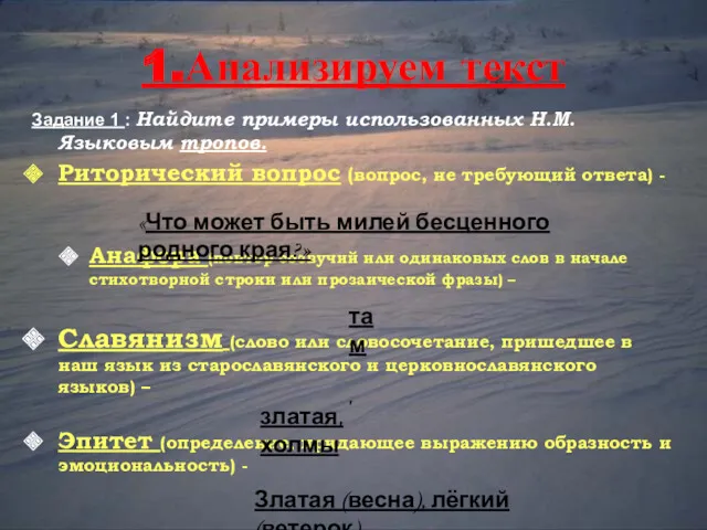 1.Анализируем текст Задание 1 : Найдите примеры использованных Н.М.Языковым тропов.