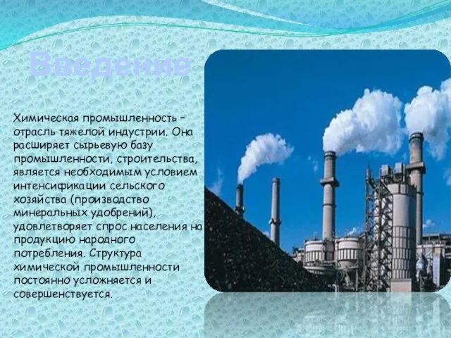 Введение Химическая промышленность – отрасль тяжелой индустрии. Она расширяет сырьевую