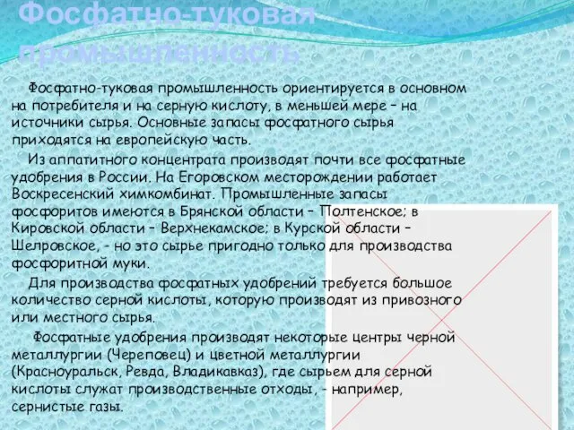 Фосфатно-туковая промышленность Фосфатно-туковая промышленность ориентируется в основном на потребителя и