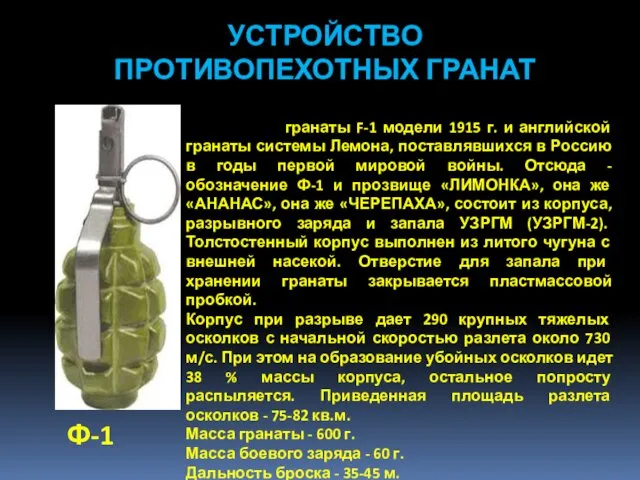 УСТРОЙСТВО ПРОТИВОПЕХОТНЫХ ГРАНАТ Ф-1 Была разработана на основе французской осколочной