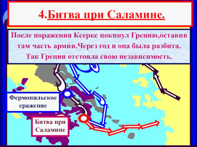 4.Битва при Саламине. Фермопильское сражение После поражения Ксеркс покинул Грецию,оставив