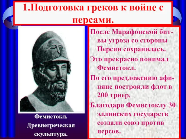 1.Подготовка греков к войне с персами. После Марафонской бит-вы угроза