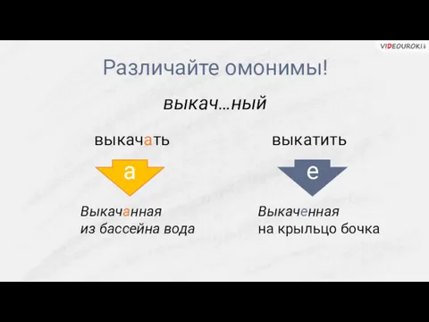 Различайте омонимы! выкач…ный Выкачанная из бассейна вода Выкаченная на крыльцо бочка а е выкачать выкатить