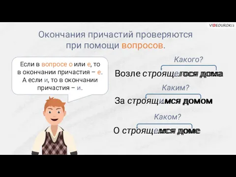 Окончания причастий проверяются при помощи вопросов. Возле строящ…гося дома Какого?