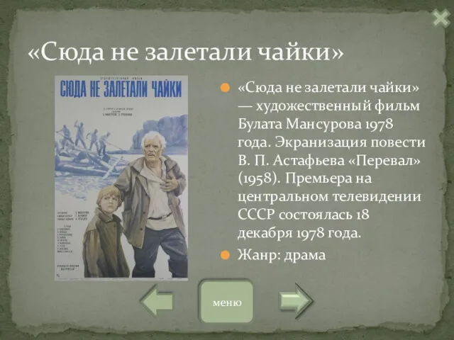 «Сюда не залетали чайки» «Cюда не залетали чайки» — художественный фильм Булата Мансурова