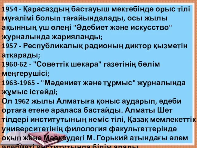 1954 - Қарасаздың бастауыш мектебінде орыс тілі мұғалімі болып тағайындалады,