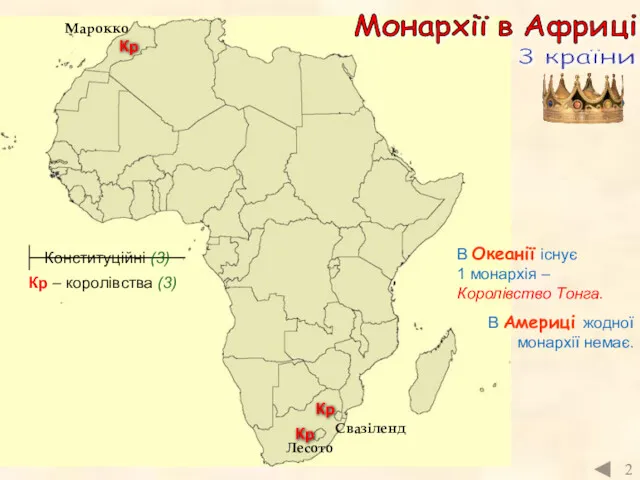 2 Монархії в Африці 3 країни Конституційні (3) Кр –
