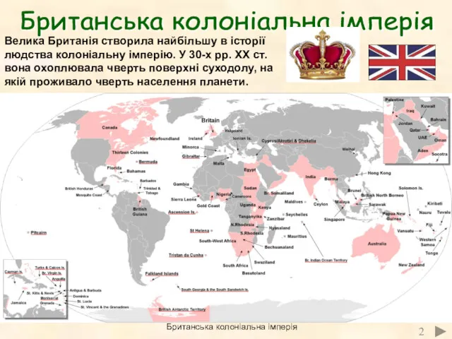 Британська колоніальна імперія 2 Велика Британія створила найбільшу в історії людства колоніальну імперію.