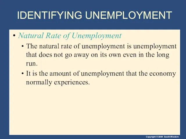 IDENTIFYING UNEMPLOYMENT Natural Rate of Unemployment The natural rate of