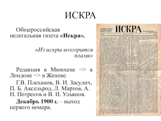 ИСКРА Общероссийская нелегальная газета «Искра». «Из искры возгорится пламя» Редакция