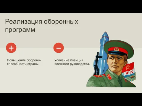 Реализация оборонных программ Повышение обороно-способности страны. + Усиление позиций военного руководства. -