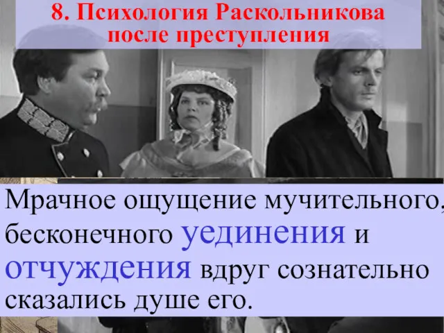 8. Психология Раскольникова после преступления Мрачное ощущение мучительного, бесконечного уединения