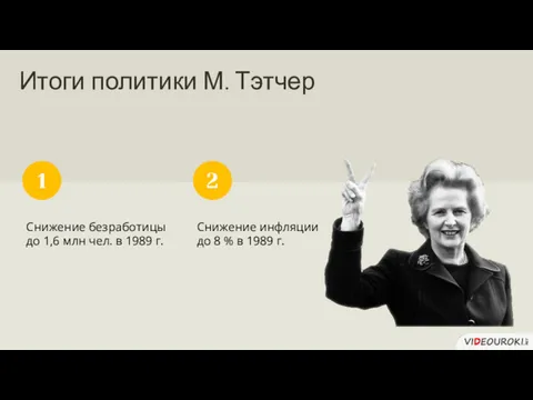 Итоги политики М. Тэтчер Снижение безработицы до 1,6 млн чел.