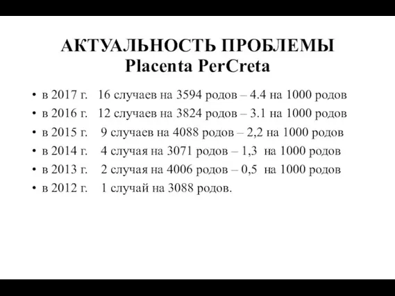 АКТУАЛЬНОСТЬ ПРОБЛЕМЫ Placenta PerCreta в 2017 г. 16 случаев на 3594 родов –