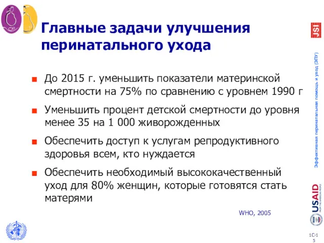 Главные задачи улучшения перинатального ухода До 2015 г. уменьшить показатели