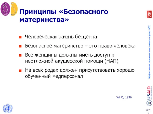 Принципы «Безопасного материнства» Человеческая жизнь бесценна Безопасное материнство – это право человека Все