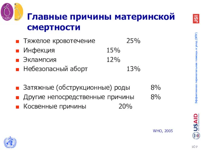 Тяжелое кровотечение 25% Инфекция 15% Эклампсия 12% Небезопасный аборт 13%