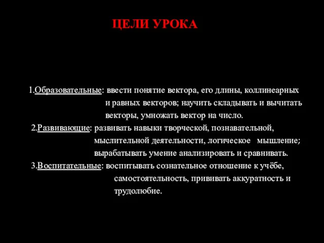 ЦЕЛИ УРОКА 1.Образовательные: ввести понятие вектора, его длины, коллинеарных и