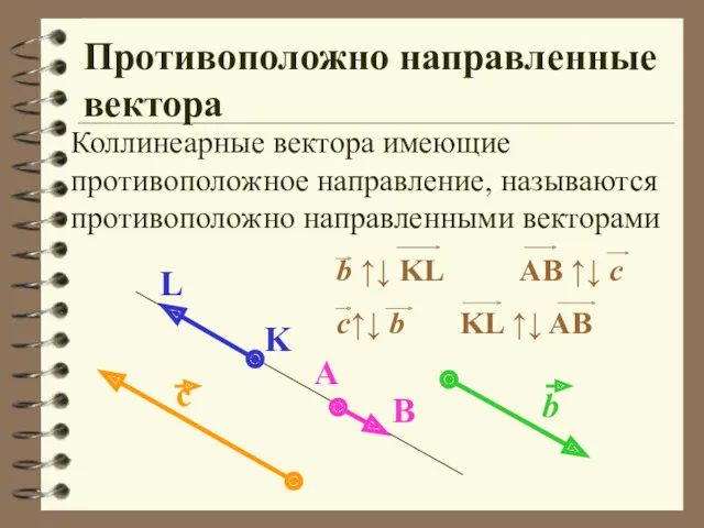 Противоположно направленные вектора Коллинеарные вектора имеющие противоположное направление, называются противоположно направленными векторами