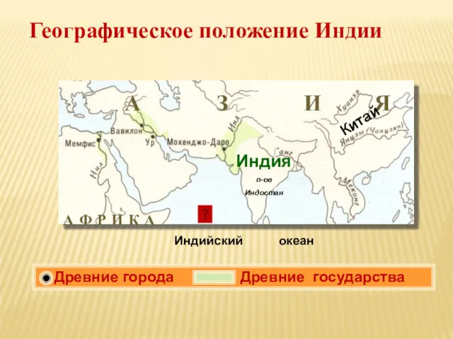 Древние города Древние государства Индия п-ов Индостан Китай Индийский океан Географическое положение Индии