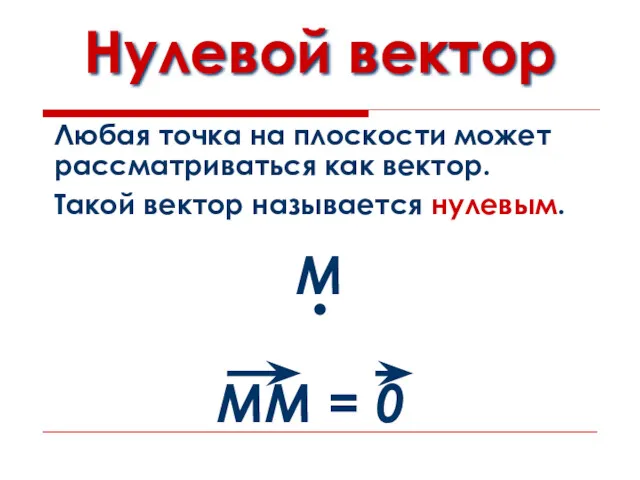 Нулевой вектор Любая точка на плоскости может рассматриваться как вектор. М Такой вектор называется нулевым.