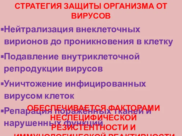 СТРАТЕГИЯ ЗАЩИТЫ ОРГАНИЗМА ОТ ВИРУСОВ Нейтрализация внеклеточных вирионов до проникновения