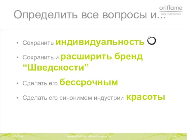 Определить все вопросы и... 2011-02-04 Copyright ©2011 by Oriflame Cosmetics SA Сохранить индивидуальность