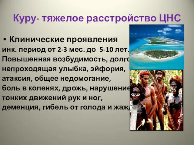 Куру- тяжелое расстройство ЦНС Клинические проявления инк. период от 2-3