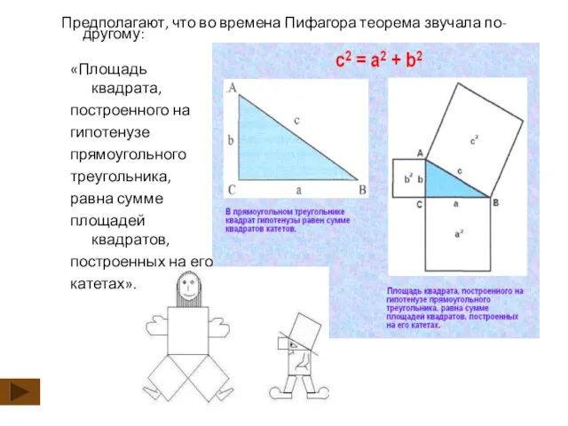 Предполагают, что во времена Пифагора теорема звучала по-другому: «Площадь квадрата, построенного на гипотенузе