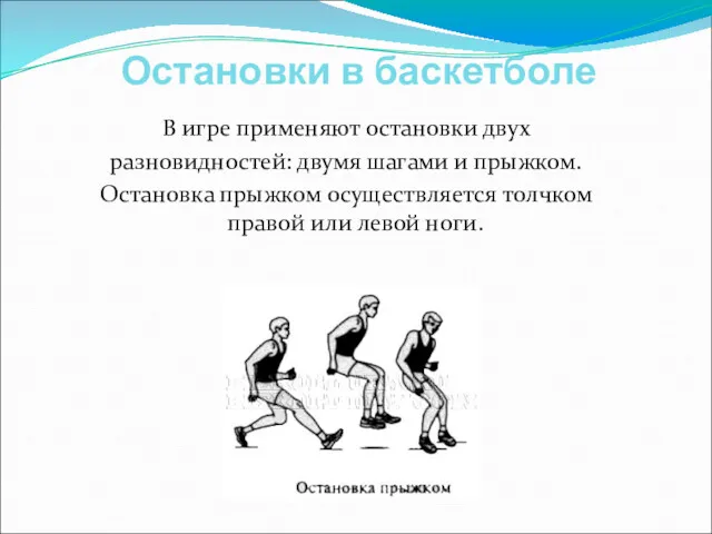 Остановки в баскетболе В игре применяют остановки двух разновидностей: двумя