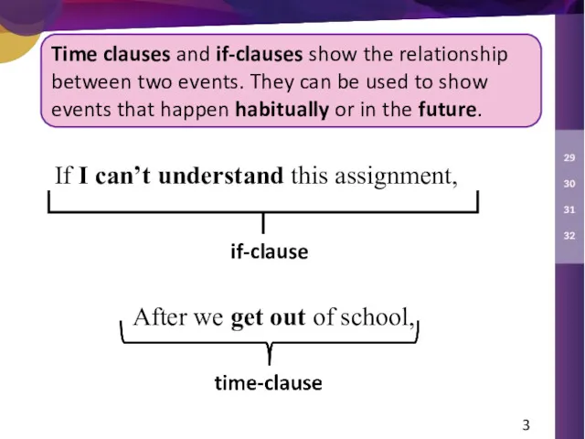 Time clauses and if-clauses show the relationship between two events.