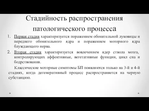 Стадийность распространения патологического процесса Первая стадия характеризуется поражением обонятельной луковицы