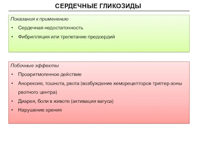 СЕРДЕЧНЫЕ ГЛИКОЗИДЫ Показания к применению Сердечная недостаточность Фибрилляция или трепетание