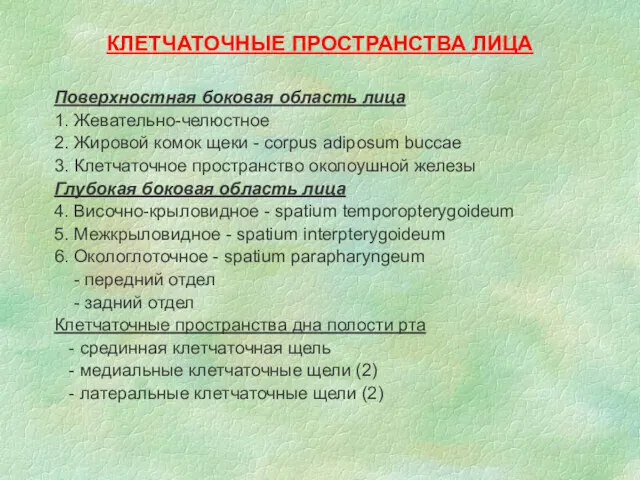 КЛЕТЧАТОЧНЫЕ ПРОСТРАНСТВА ЛИЦА Поверхностная боковая область лица 1. Жевательно-челюстное 2.