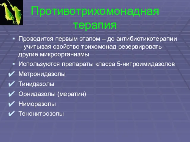 Противотрихомонадная терапия Проводится первым этапом – до антибиотикотерапии – учитывая