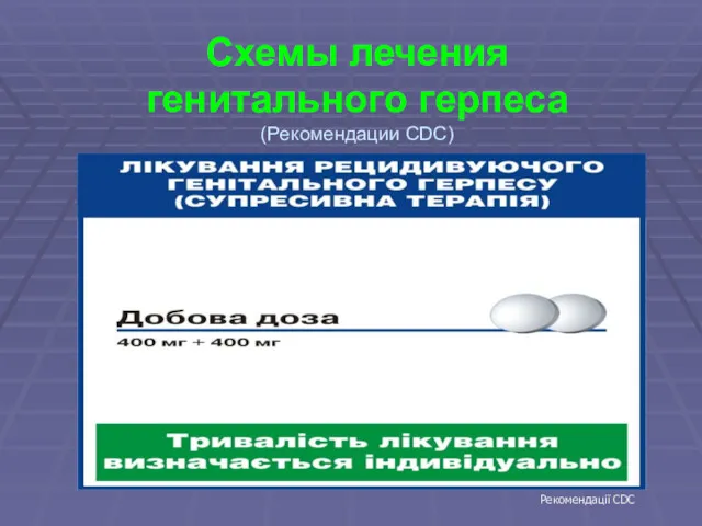 Схемы лечения генитального герпеса (Рекомендации CDC) Рекомендації CDC