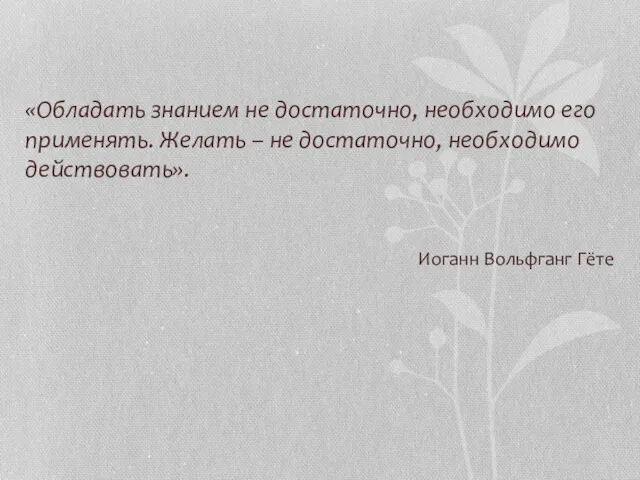 «Обладать знанием не достаточно, необходимо его применять. Желать – не достаточно, необходимо действовать». Иоганн Вольфганг Гёте