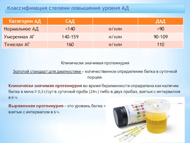 Классификация степени повышения уровня АД Клинически значимая протеинурия Золотой стандарт