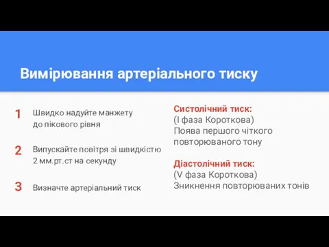 Вимірювання артеріального тиску Швидко надуйте манжету до пікового рівня 1