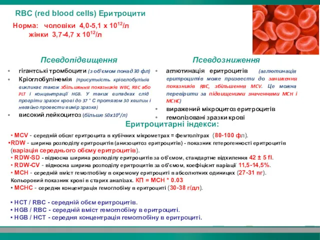 RBC (red blood cells) Еритроцити Норма: чоловіки 4,0-5,1 х 1012/л жінки 3,7-4,7 х