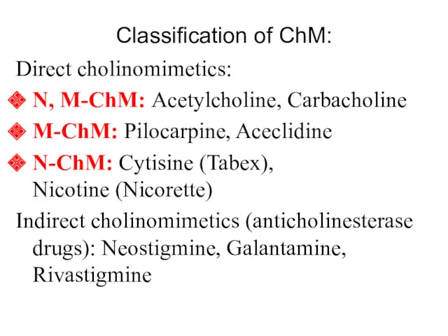 Classification of ChM: Direct cholinomimetics: N, M-ChM: Acetylcholine, Carbacholine M-ChM: