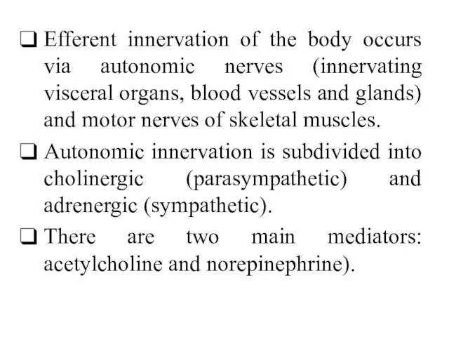 Efferent innervation of the body occurs via autonomic nerves (innervating
