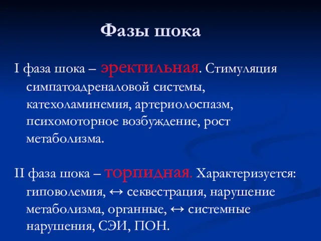 Фазы шока I фаза шока – эректильная. Стимуляция симпатоадреналовой системы,