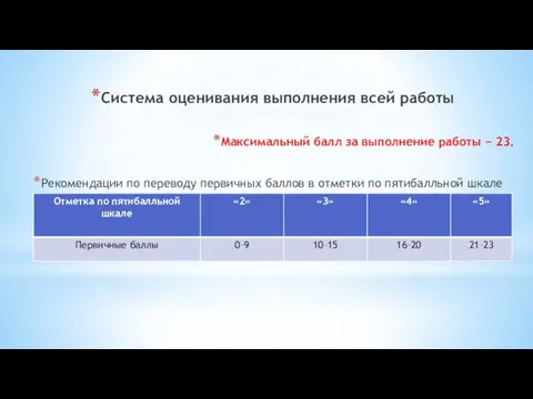 Система оценивания выполнения всей работы Максимальный балл за выполнение работы